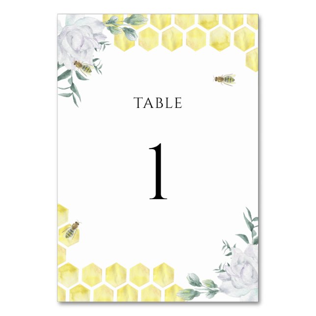 Tarjeta De Mesa Floral de abeja acuarela - número de tabla boda (Anverso)