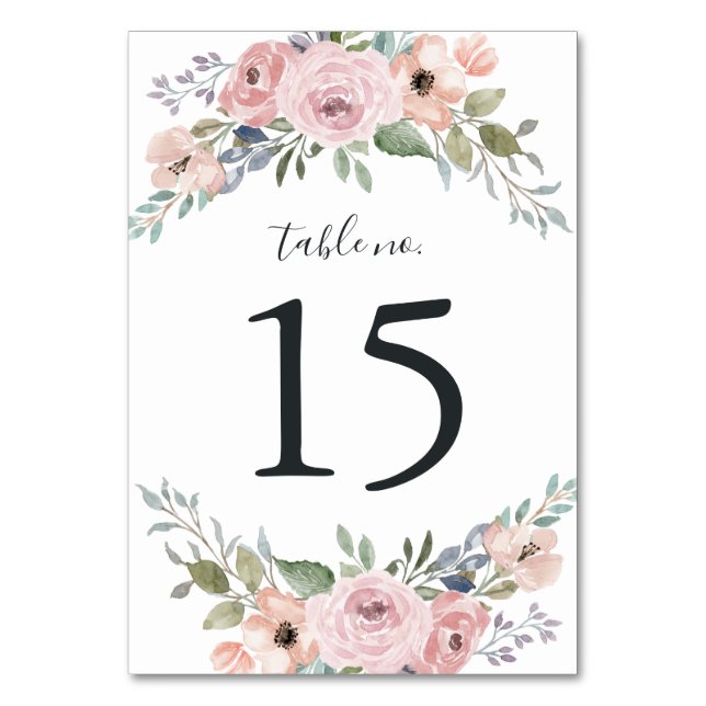 Tarjeta De Mesa Floral de acuarela rosa Rosa turbia | BODA (Anverso)