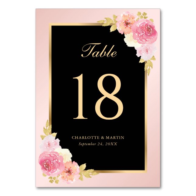 Tarjeta De Mesa Floral de acuarela rosa y negra elegante (Anverso)