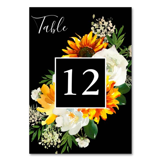 Tarjeta De Mesa Floral de arcilla de girasol y rosa blanca - negro (Anverso)