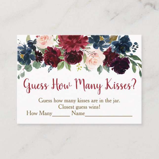 Tarjeta De Mesa Floral de borgoña y marina adivina cuántos besos d (Anverso)