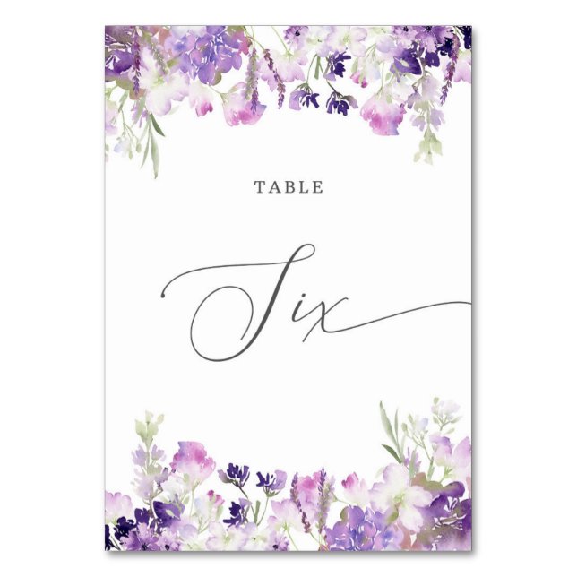 Tarjeta De Mesa Floral de lavanda Número de tabla de seis (Anverso)