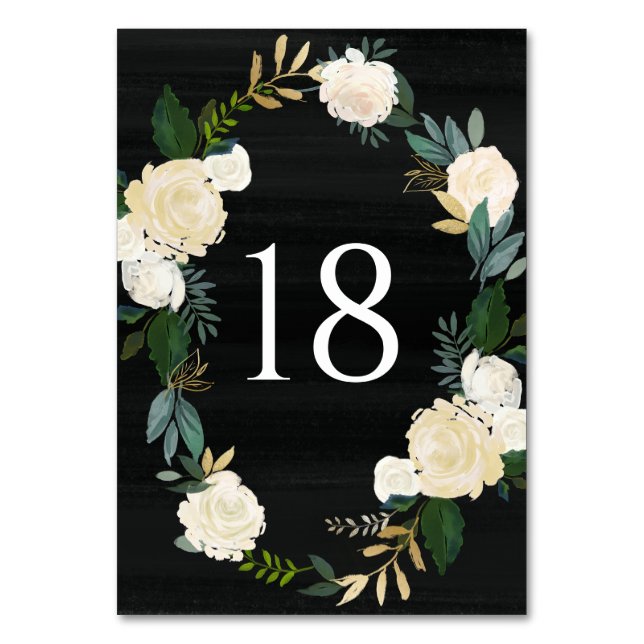 Tarjeta De Mesa Floral de marfil con verde Boda negro (Anverso)