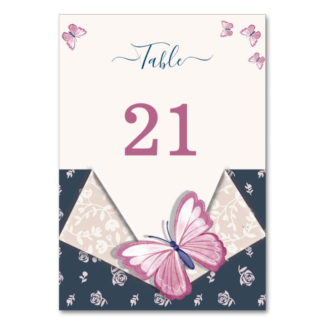Tarjeta De Mesa floral de mariposas rosa azul marino (Anverso)