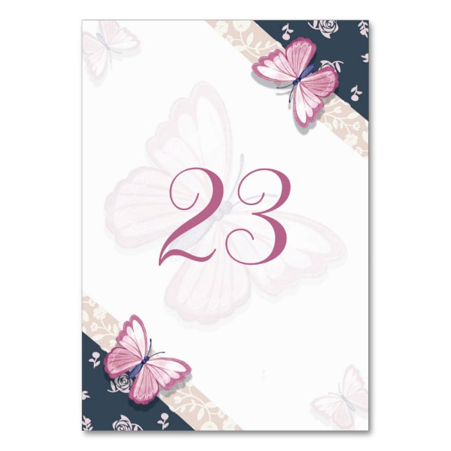 Tarjeta De Mesa floral de mariposas rosa azul marino (Anverso)