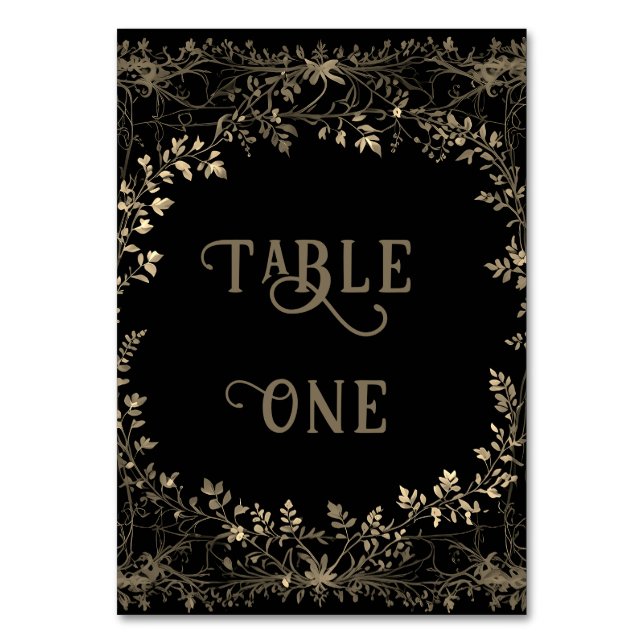 Tarjeta De Mesa Floral de oro exquisito y elegante en negro (Anverso)