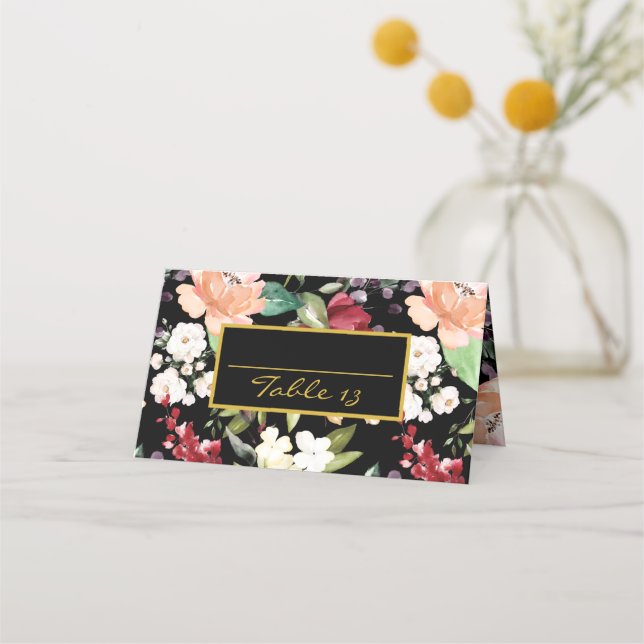 Tarjeta de mesa | Floral de oro negro elegante de  (Anverso)