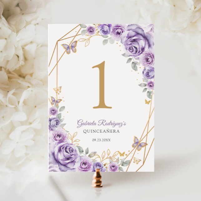 Tarjeta De Mesa Floral de oro púrpura Lilac Quinceanera (Subido por el creador)