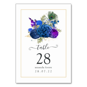 Tarjeta De Mesa Floral de pavo real azul y púrpura