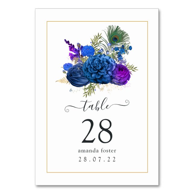 Tarjeta De Mesa Floral de pavo real azul y púrpura (Anverso)