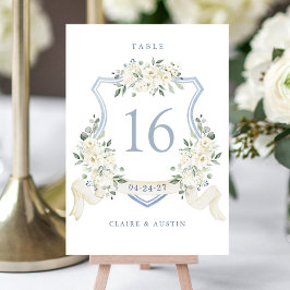 Tarjeta De Mesa Floral Elegant Dusty Blue White Crest Table Number