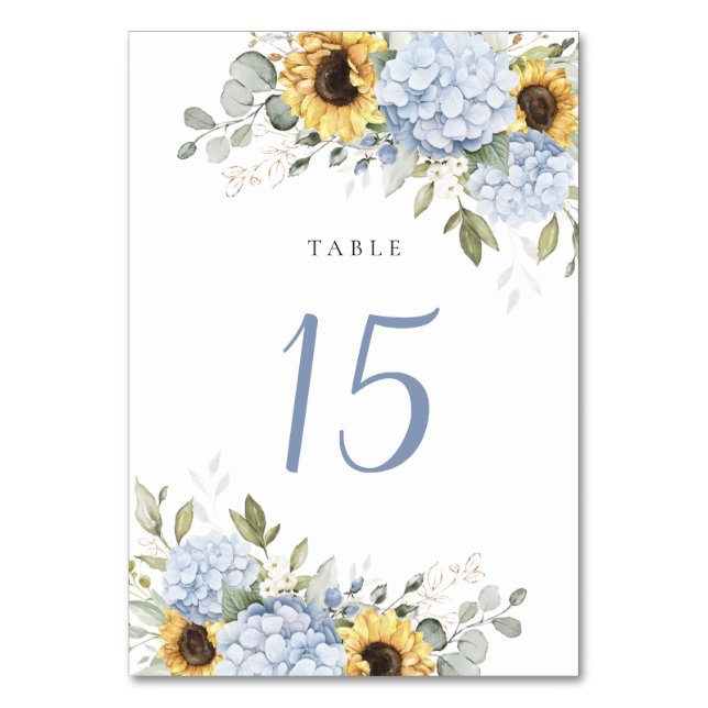 Tarjeta De Mesa Floral Elegante Azul Hydrangea Sunflowers Boda (Anverso)