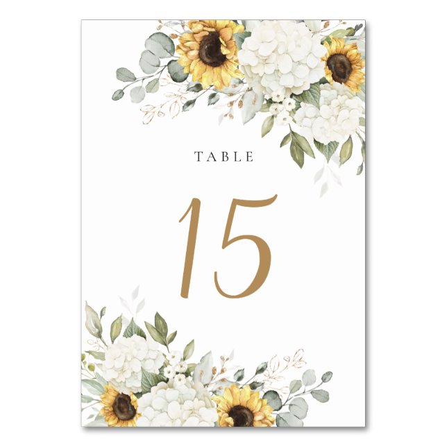 Tarjeta De Mesa Floral Elegante Hydrangea Sunflowers Boda (Anverso)