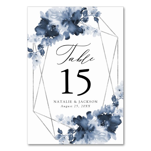 Tarjeta De Mesa Floral Índigo Abstracto | Boda Personalizada (Anverso)