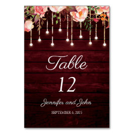 Tarjeta De Mesa Floral Maroon Wooden Rustic Boda