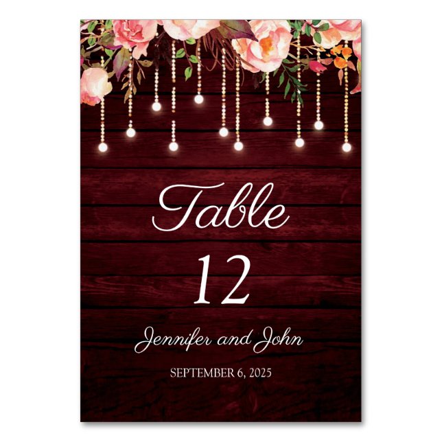 Tarjeta De Mesa Floral Maroon Wooden Rustic Boda (Anverso)