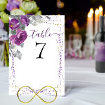 Tarjeta De Mesa Floral morada y Boda de guión elegante<br><div class="desc">Hermosa mesa boda de color morado con ramos de rosas acuáticos y flores. El diseño presenta un elegante guión manuscrito, arreglos florales de bonito púrpura y magenta, hojas y follaje verdes grises y un toque de confetti morado y dorado. Por favor, navegue por mi colección Plush Purple Floral para buscar...</div>