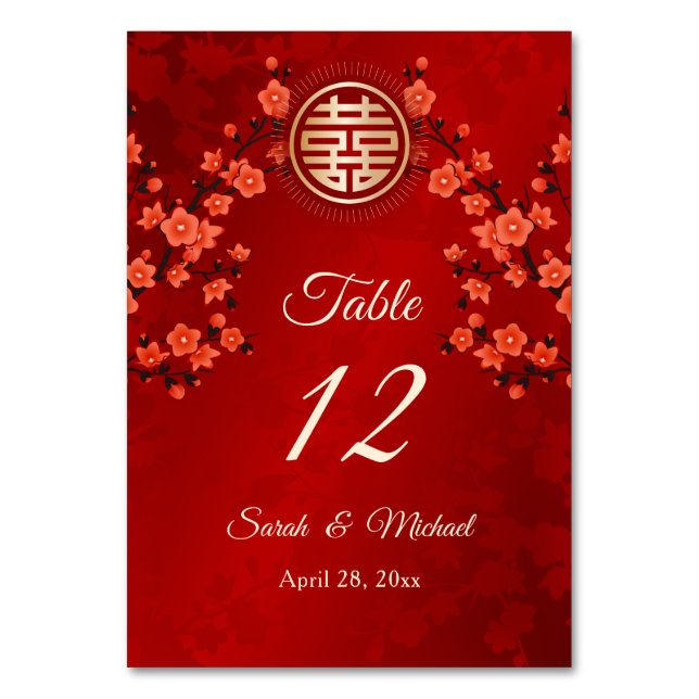 Tarjeta De Mesa Floral Oriental Rojo | Boda China (Anverso)