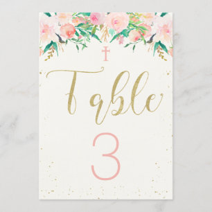 Tarjeta de mesa floral para bautizo
