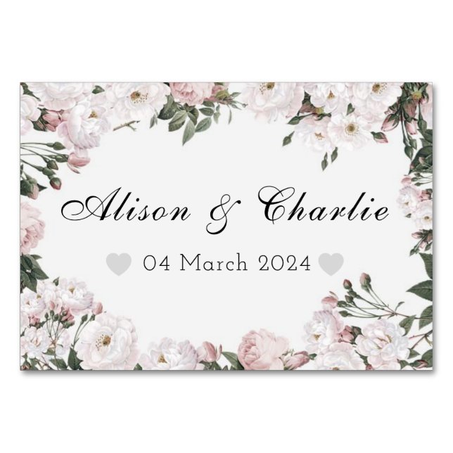 Tarjeta de mesa floral personalizada con fecha de  (Anverso)