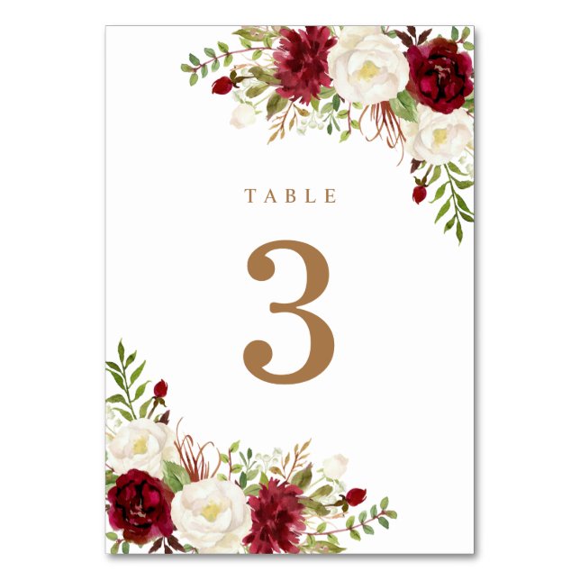 Tarjeta De Mesa Floral Rojo Borgoña Blanco Elegante Verdor moderno (Anverso)