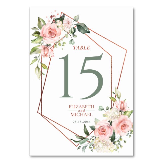 Tarjeta De Mesa Floral rosa de cobre geométrico (Anverso)