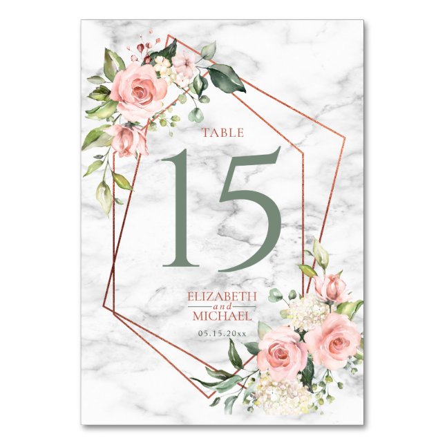 Tarjeta De Mesa Floral rosa de mármol geométrico de cobre (Anverso)