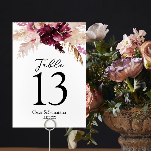 Tarjeta De Mesa Floral rosa de Rubor en Borgoña moderna (Subido por el creador)