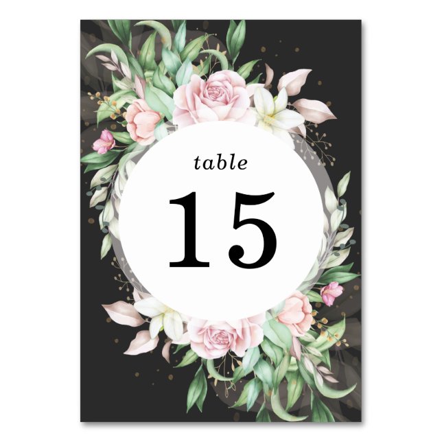 Tarjeta De Mesa Floral rosa y negro de lujo boda (Anverso)