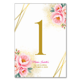 Tarjeta De Mesa Floral rosa y quinceañera dorada