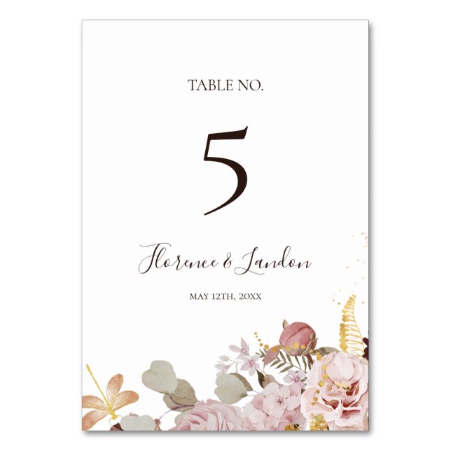 Tarjeta De Mesa Floral Rubor moderna | Número de tabla (Anverso)