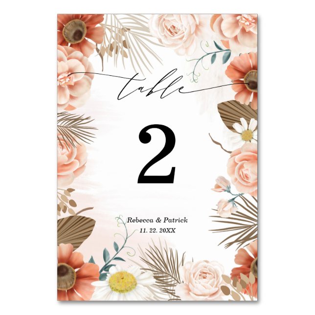 Tarjeta De Mesa Floral Terracotta Rustic Boho Boda Número de tabla (Anverso)