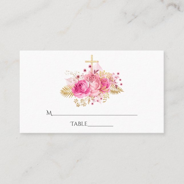 Tarjeta De Mesa Floral tropical rosa y dorada (Anverso)