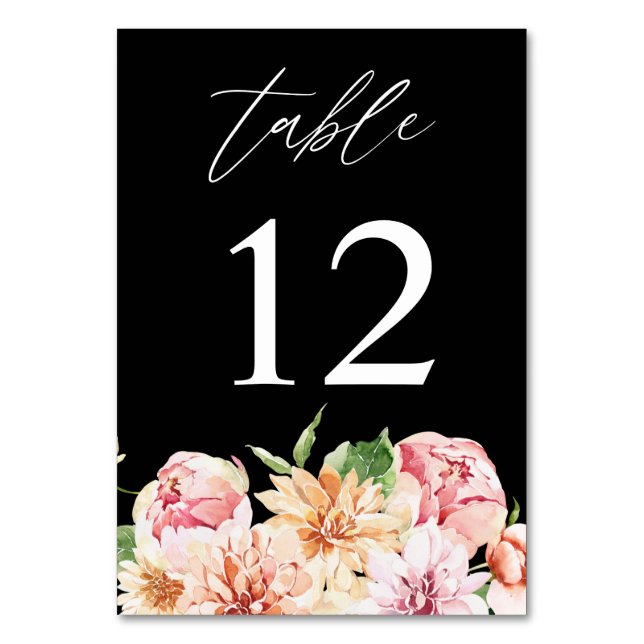 Tarjeta De Mesa Floral y verde rosa y rosa número de tabla - negro (Anverso)