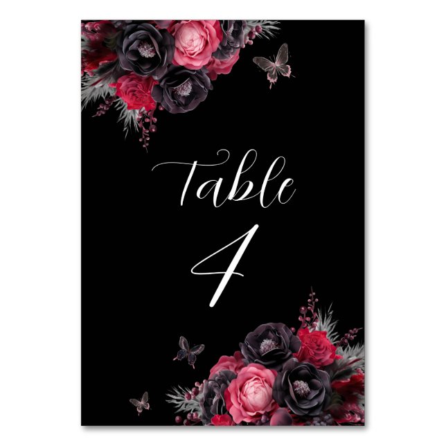 Tarjeta De Mesa Florales góticos rojos y negros Moody Quinceañera (Anverso)