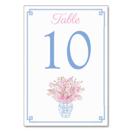 Tarjeta De Mesa Florales rosados en Boda de Jar de jengibre azul y