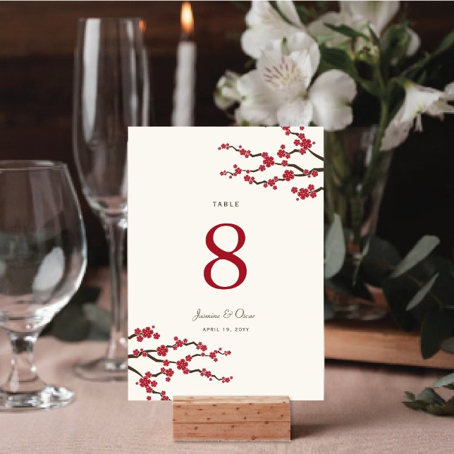 Tarjeta De Mesa Florecimiento de cerezos Sakura Rojo Boda asiático (Red/Ivory Sakura Cherry Blossoms Elegant Asian Wedding Table Number Card @ fat_fa_tin)