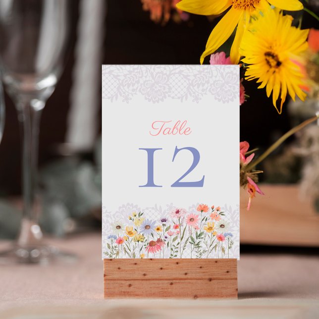 Tarjeta De Mesa Flores acuáticas silvestres, Boda de follaje y enc (Watercolor Wildflowers, Foliage & Lace Wedding Table Number)