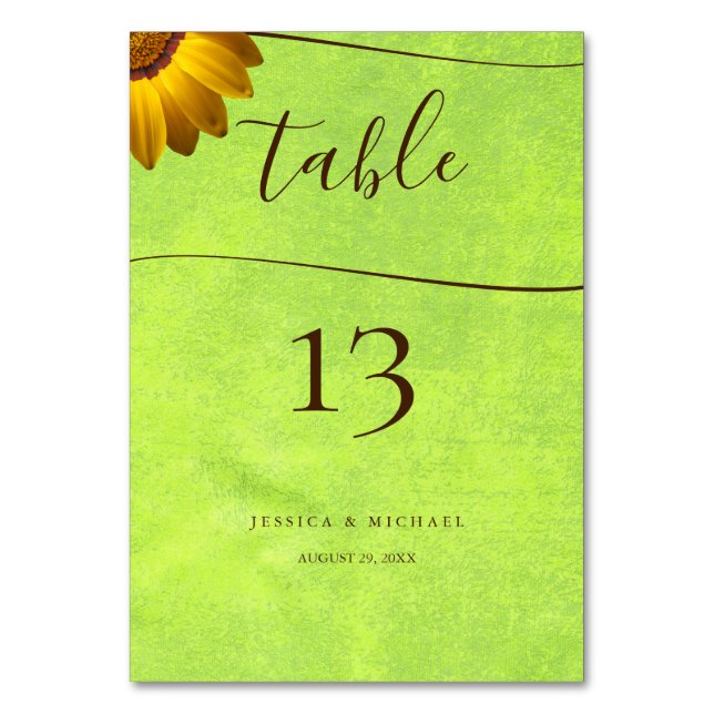 Tarjeta De Mesa Flores Amarillas en Boda Verde Abstracta (Anverso)