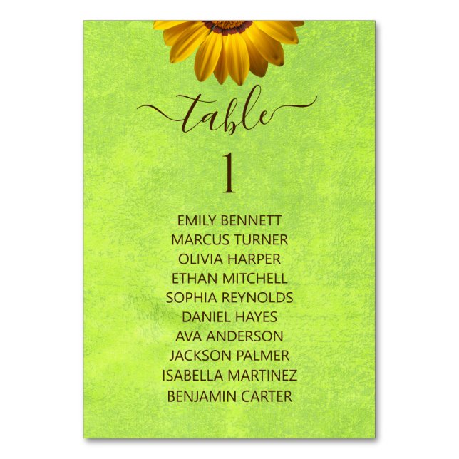 Tarjeta De Mesa Flores amarillas sobre el Boda Verde abstracto (Anverso)