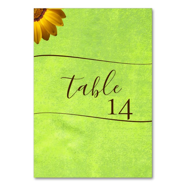 Tarjeta De Mesa Flores amarillas sobre el Boda Verde abstracto (Anverso)