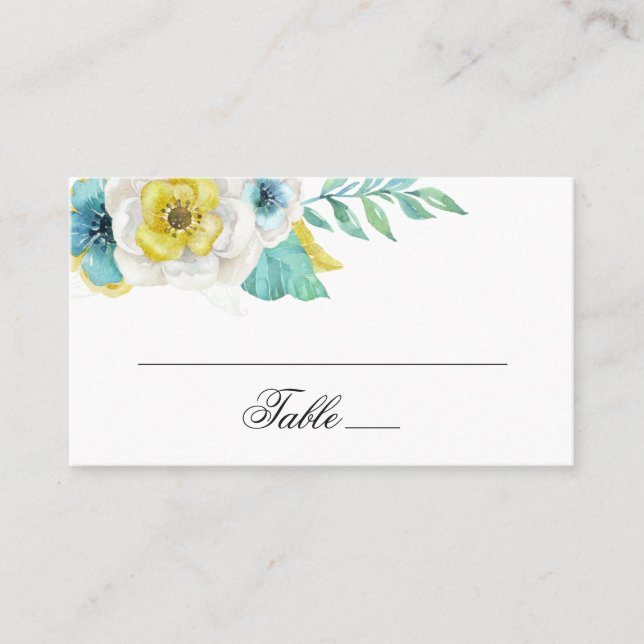 Tarjeta De Mesa Flores azul acuarela y amarillas. Boda floral (Anverso)