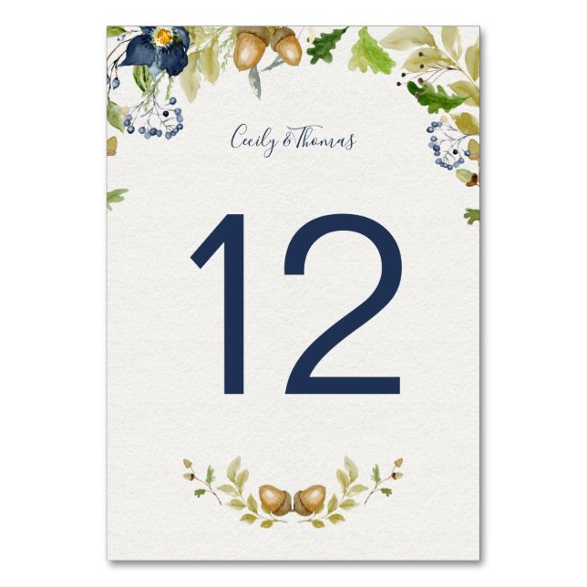 Tarjeta De Mesa Flores azules acuáticas y hojas de roble | (Anverso)