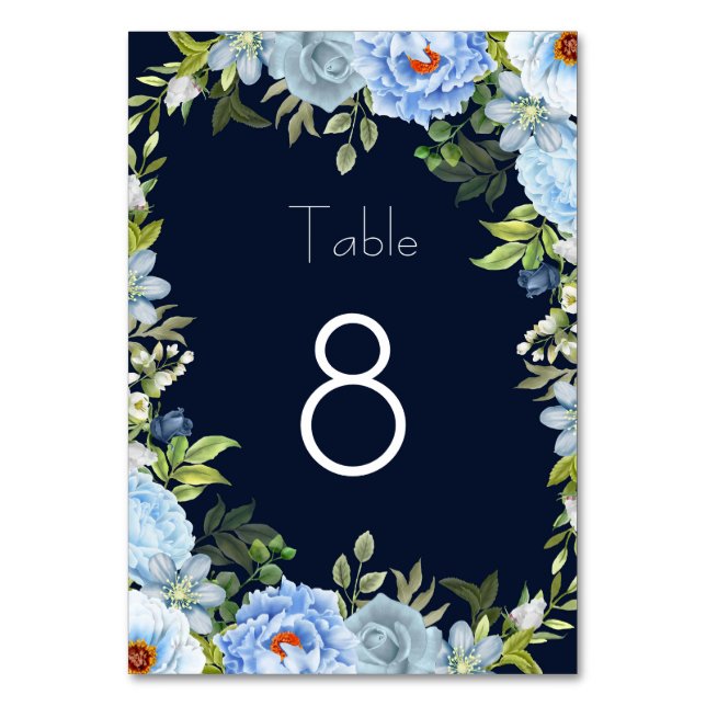 Tarjeta De Mesa Flores azules elegantes (Anverso)