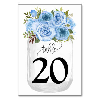 Tarjeta De Mesa Flores azules Matrimonio de campo Mason Jar