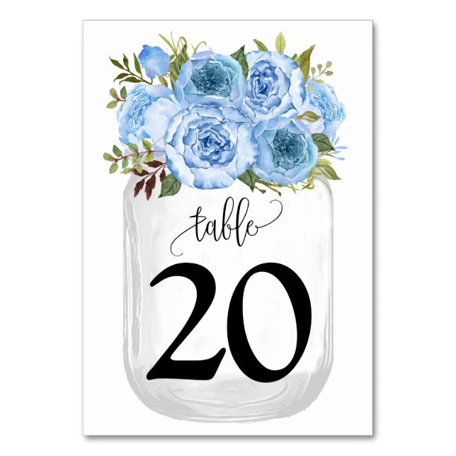 Tarjeta De Mesa Flores azules Matrimonio de campo Mason Jar (Anverso)