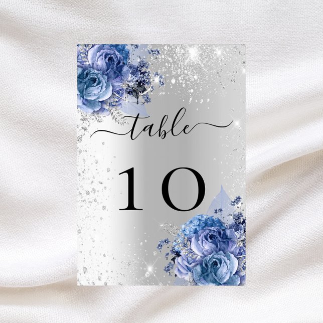 Tarjeta De Mesa Flores azules plateadas número de tabla boda (Subido por el creador)
