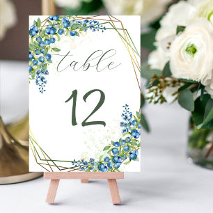 Tarjeta De Mesa Flores azules y arándanos con Relieve metalizado d