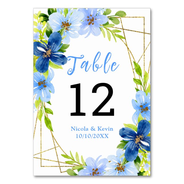 Tarjeta De Mesa Flores azules y navy con follaje  (Anverso)