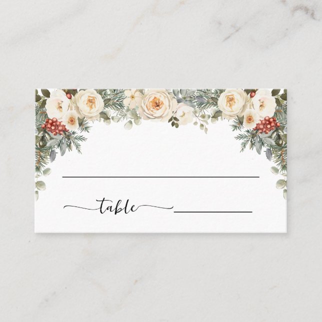 Tarjeta De Mesa Flores Blancas de Invierno Boda Plana (Anverso)
